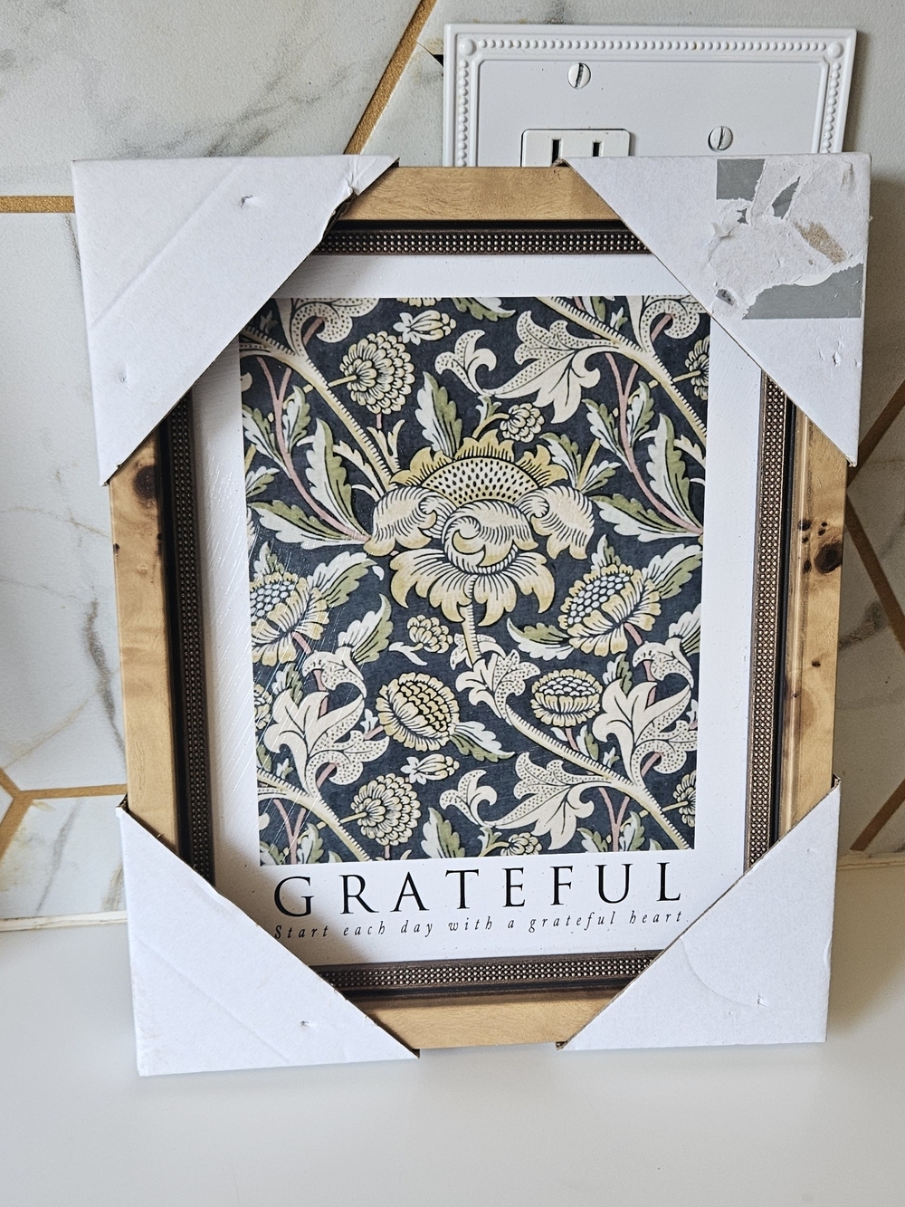 Grateful Floral Wall Art Print in Navy and Cream -